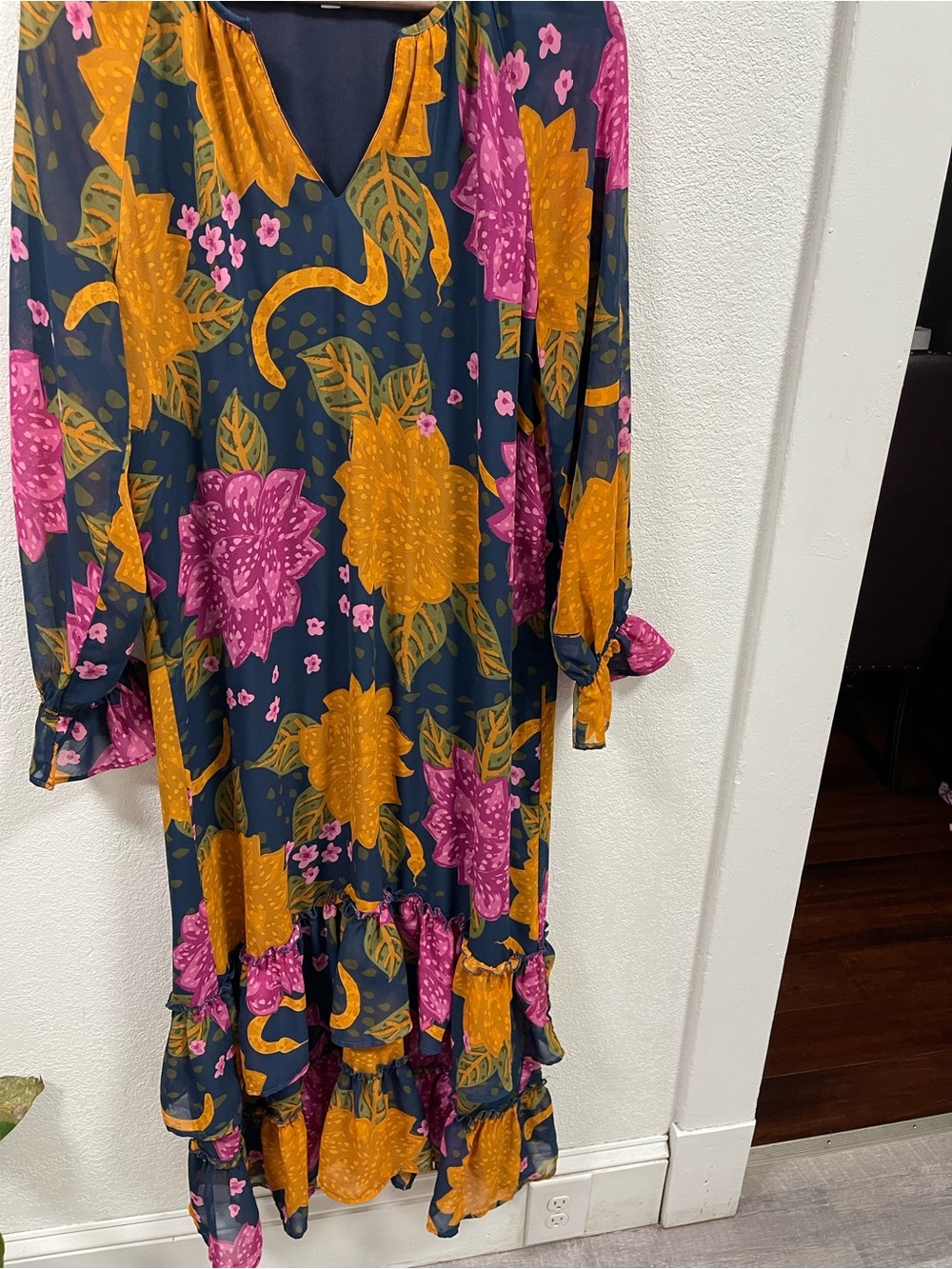 Mud Pie Navy Maxi Dress with Mustard & Magenta Floral Print